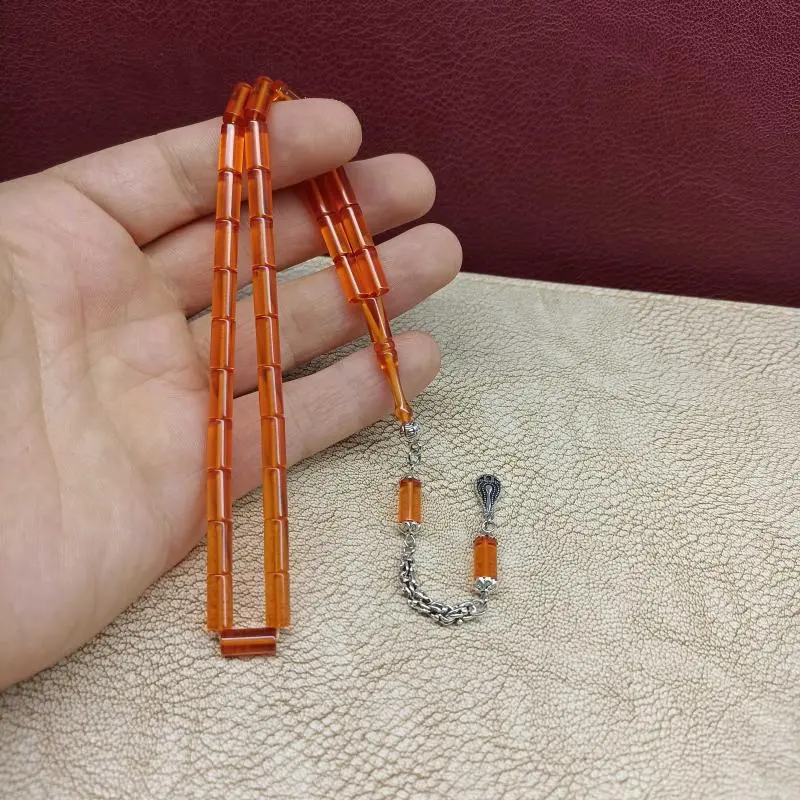 Selderesi | Capsule Cut Fire Amber Tasbih with Silver Plated Tassel