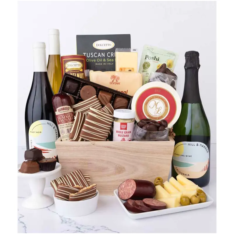 Gourmet Charcuterie & Sweets Gift Basket with Red, White & Sparkling Wine