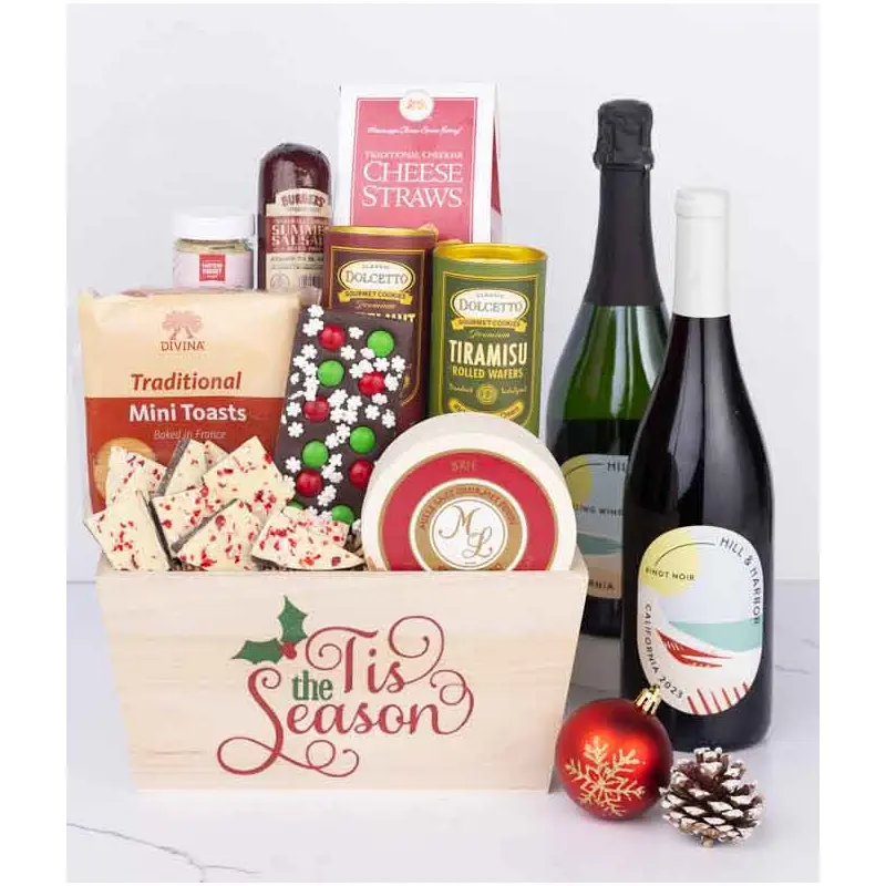 Holiday Snack & Treats Basket with Red & Sparkling Wine