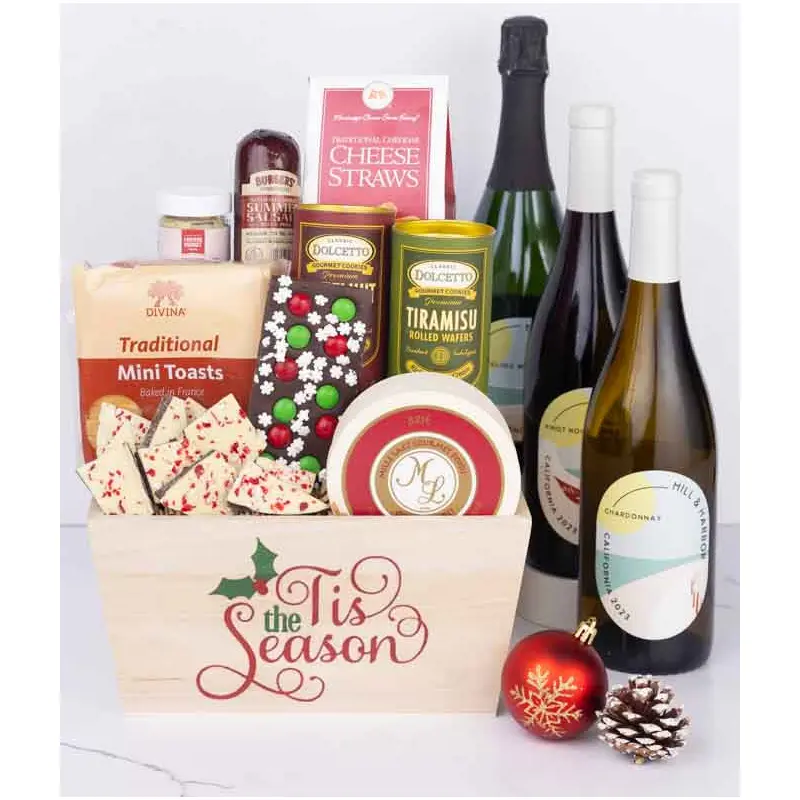 Holiday Snack & Treats Basket with Red, White & Sparkling Wine