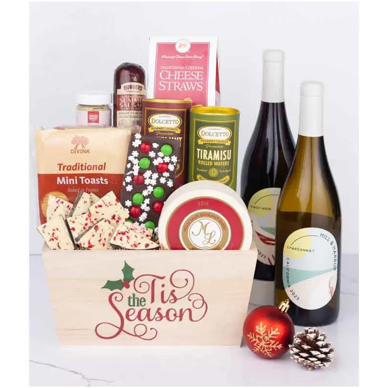 Holiday Snack & Treats Basket with Red & White Wine