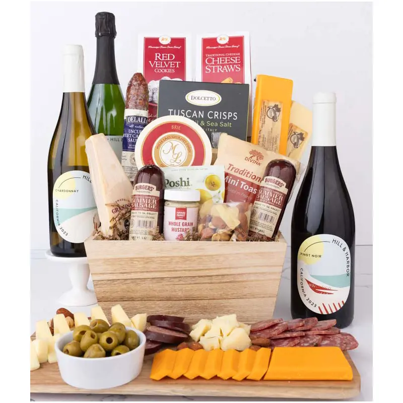 Premium Charcuterie & Cheese Basket with Red, White & Sparkling Wine
