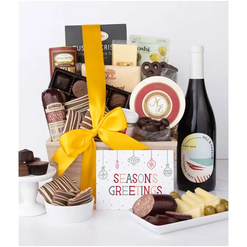 Season's Greetings Gourmet Charcuterie & Sweets Gift Basket with Red Wine