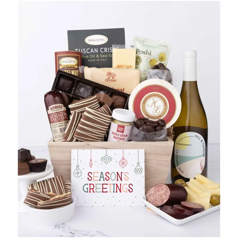 Season's Greetings Gourmet Charcuterie & Sweets Gift Basket with White Wine