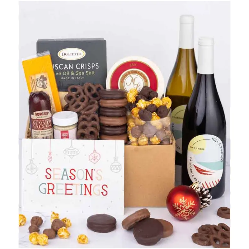 Season's Greetings Gourmet Gift Box with Red & White Wine