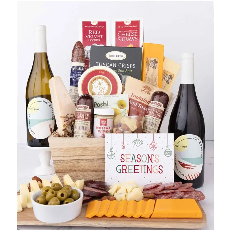 Season's Greetings Premium Charcuterie & Cheese Basket with Red & White Wine