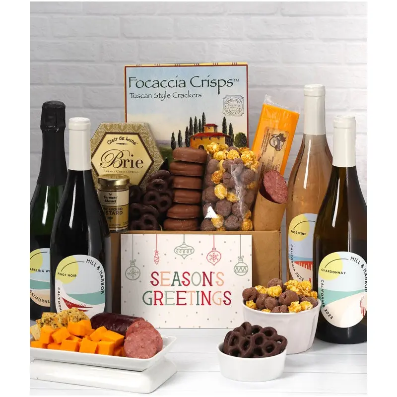 Season's Greetings Sweet & Savory Gift Box with Red, White, Ros & Sparkling Wine