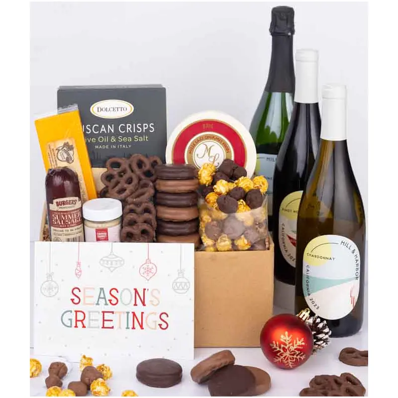 Season's Greetings Sweet & Savory Gift Box with Red, White & Sparkling Wine