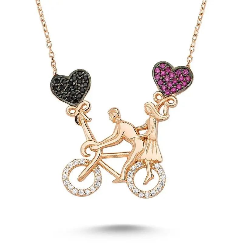 925 Sterling Silver Couple on Bicycle Necklace | Intertwined Hearts Love Journey Pendant | Romantic Gift Jewelry
