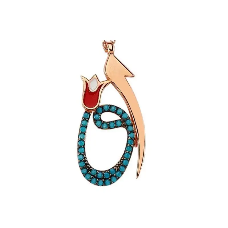 925 Sterling Silver Islamic Waw & Aleph Calligraphy Necklace | Firuze Stone Tulip Pendant for Women