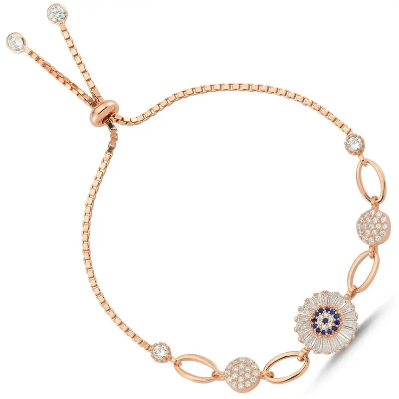 Elegant 925 Sterling Silver Daisy Bracelet with Nazar Eye Protection & Baguette Stone | Adjustable & Gift-Ready