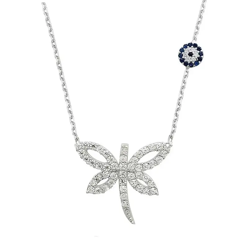 Elegant 925 Sterling Silver Dragonfly Necklace with Zircon & Protective Nazar Evil Eye Charm for Women