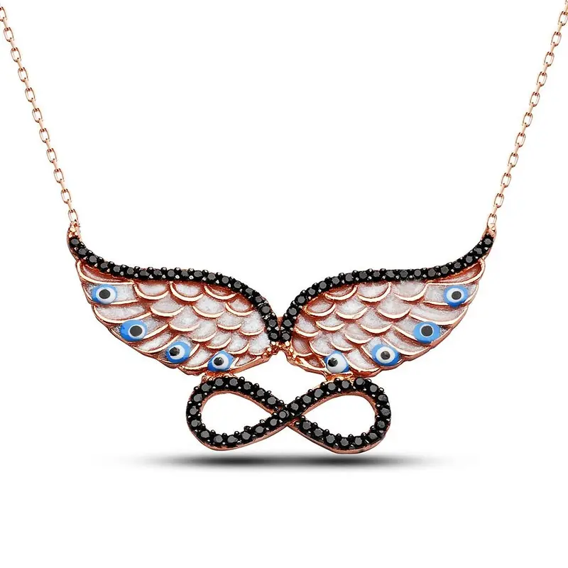 Elegant Sterling Silver Winged Infinity Necklace | Nazar Evil Eye Protection & Crystal Embellishments