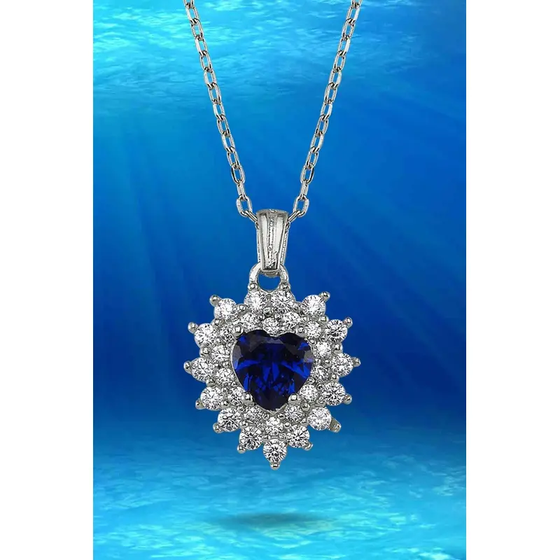 Titanic Heart of the Ocean 925 Sterling Silver Navy Blue Stone Heart Necklace - Romantic Gift for Her