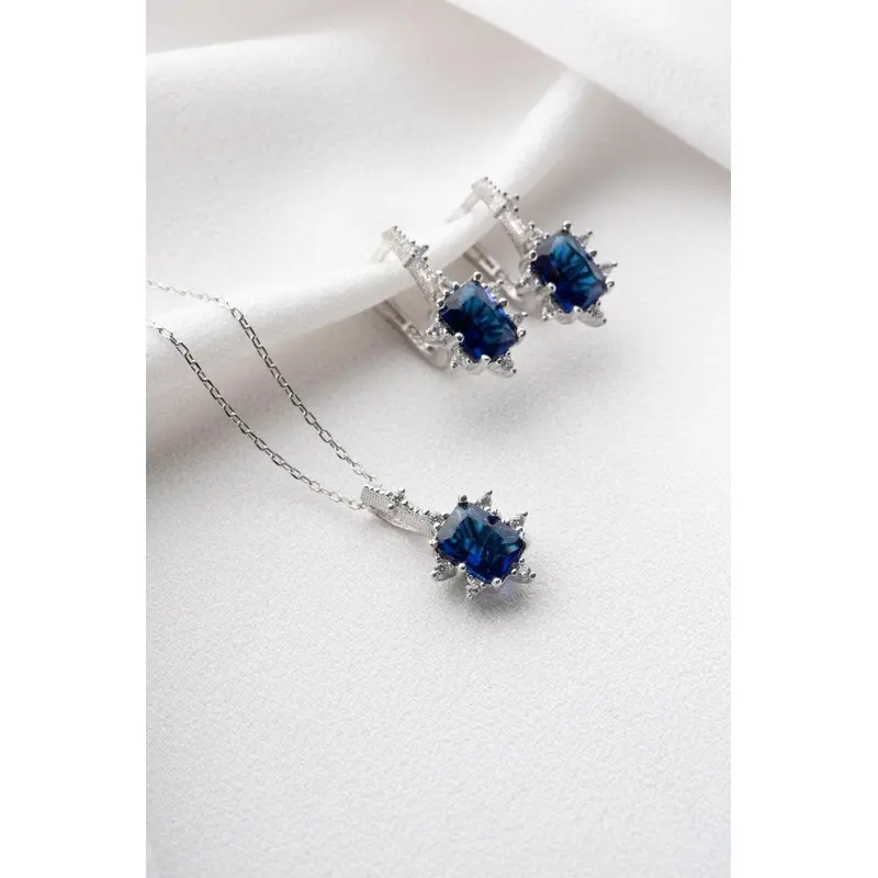 925 Sterling Silver Blue Baguette Zircon Necklace & Earring Set - Rhodium Plated Luxury Gift Jewelry