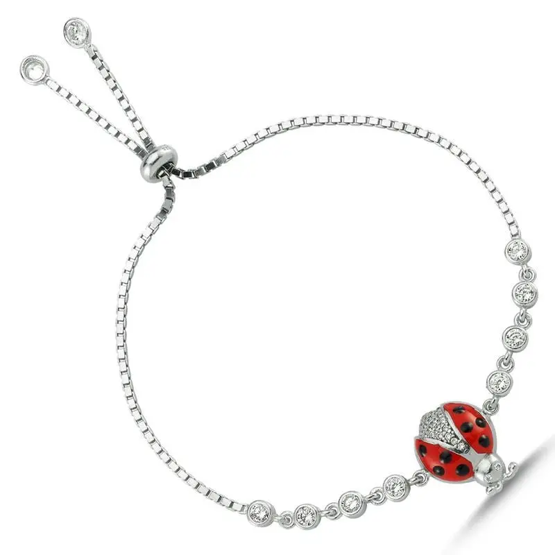 925 Sterling Silver Ladybug Charm Bracelet with Sparkling Stones - Adjustable & Gift Boxed