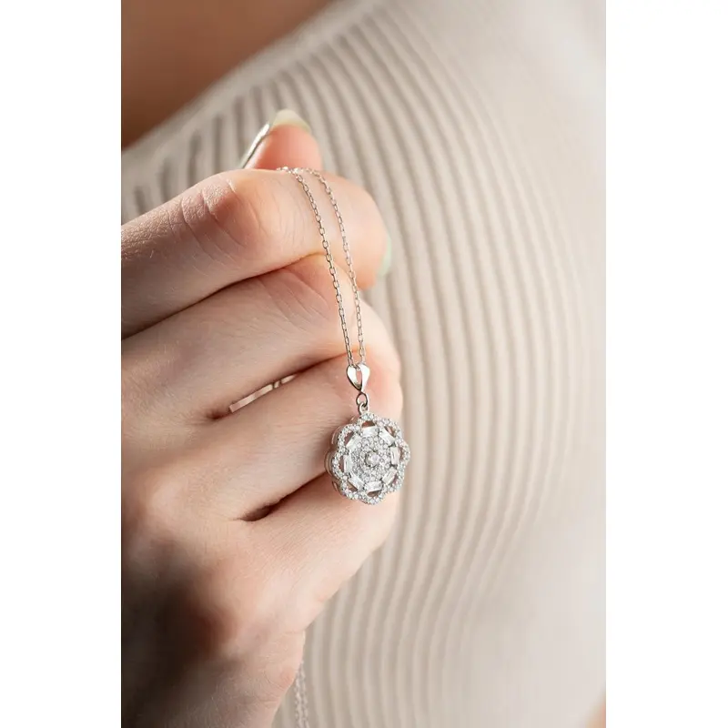 925 Sterling Silver Rhodium Plated Baguette Zircon Flower Necklace | Delicate Floral Pendant for Women | Elegant Gift
