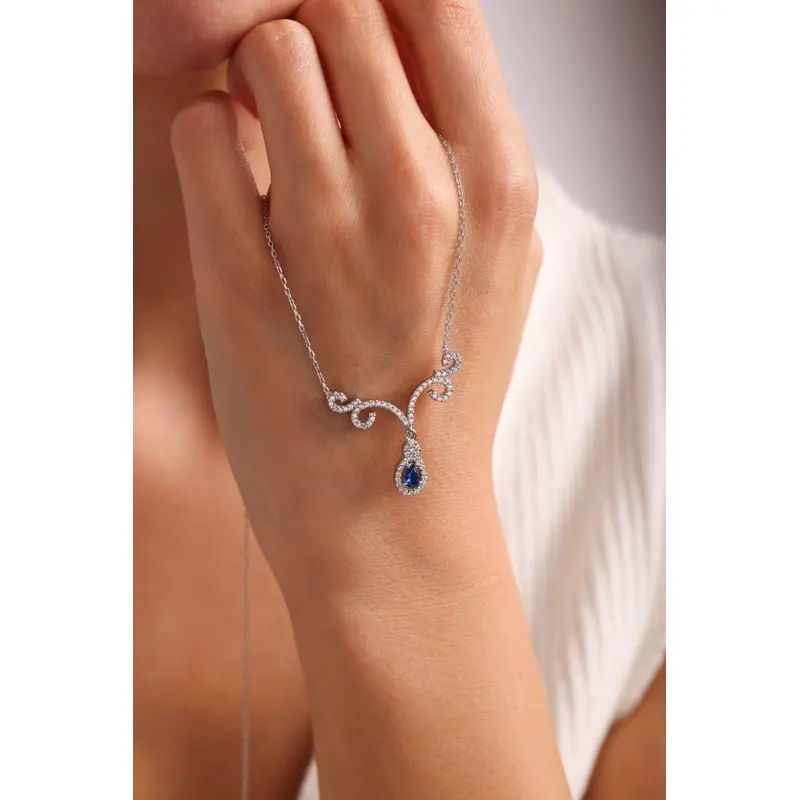 925 Sterling Silver Rhodium Plated Blue Zircon Necklace | Elegant Design with Authentic Motifs | Tarnish-Resistant Gift for Her
