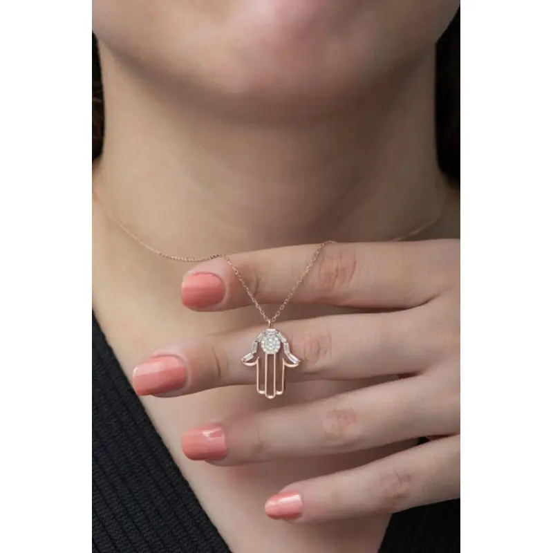 925 Sterling Silver Rose Gold Hamsa Hand Necklace | Mother Fatima's Hand Charm with Zircon Stone | Islamic Inspired Protection Jewelry