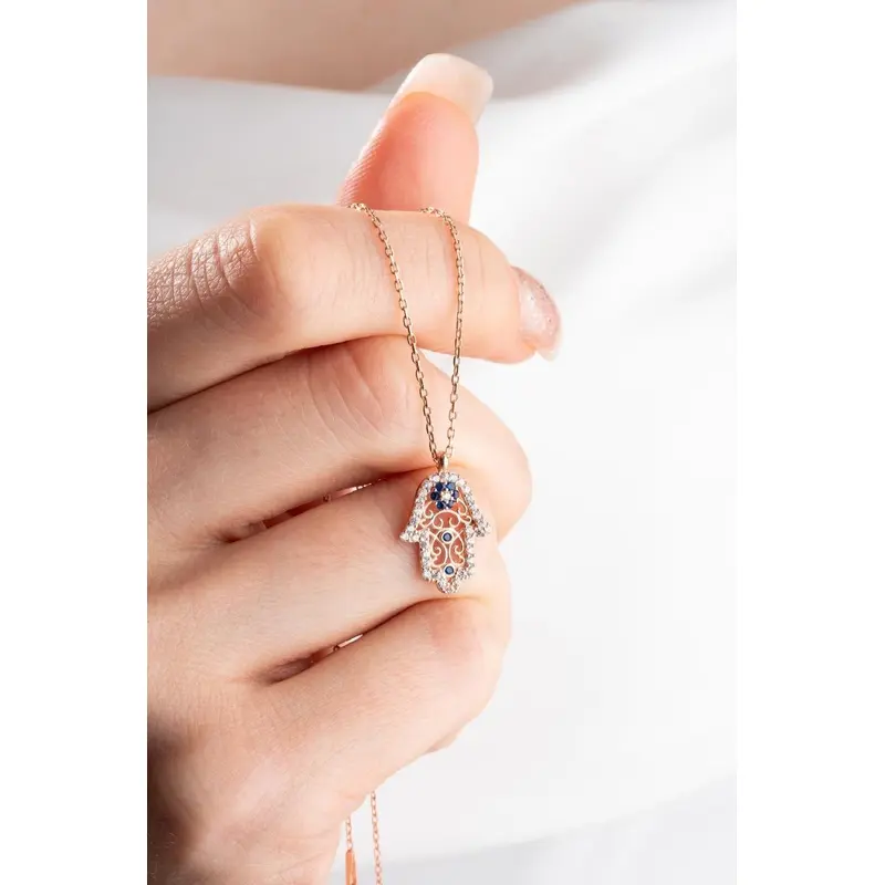 925 Sterling Silver Rose Gold Plated Fatima Hand Necklace - Islamic Minimalist Hamsa Charm Jewelry