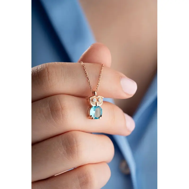 925 Sterling Silver Rose Gold Plated Owl Necklace | Aquamarine & Zircon Fine Jewelry | Wisdom & Intuition Gift
