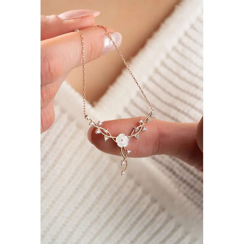 Delicate Magnolia Flower & Ivy Sterling Silver Necklace | Cubic Zirconia, Rose Gold Plated