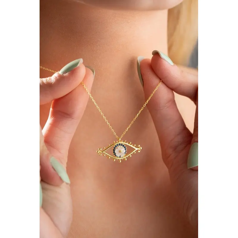 Elegant 925 Sterling Silver Gold Plated Magnolia Flower & Zircon Nazar Evil Eye Charm Necklace