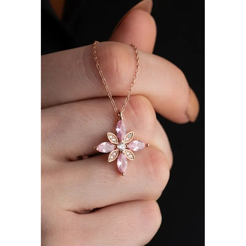 Elegant 925 Sterling Silver Hope Flower Necklace with Pink Zircon & Rose Gold Finish