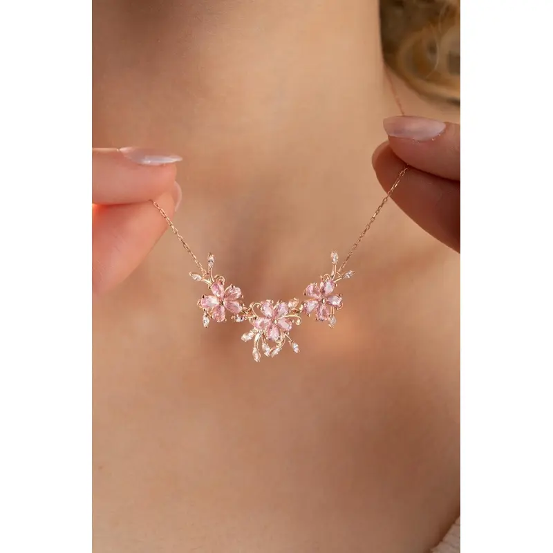 Elegant 925 Sterling Silver Pink Zircon 3-Piece Flower Necklace | Rose Veneer Floral Pendant