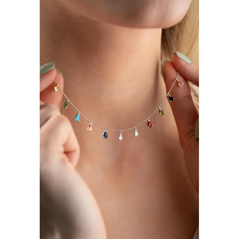 Elegant 925 Sterling Silver Rhodium Plated Drop Mix Stone Necklace - Cubic Zirconia Jewelry Gift
