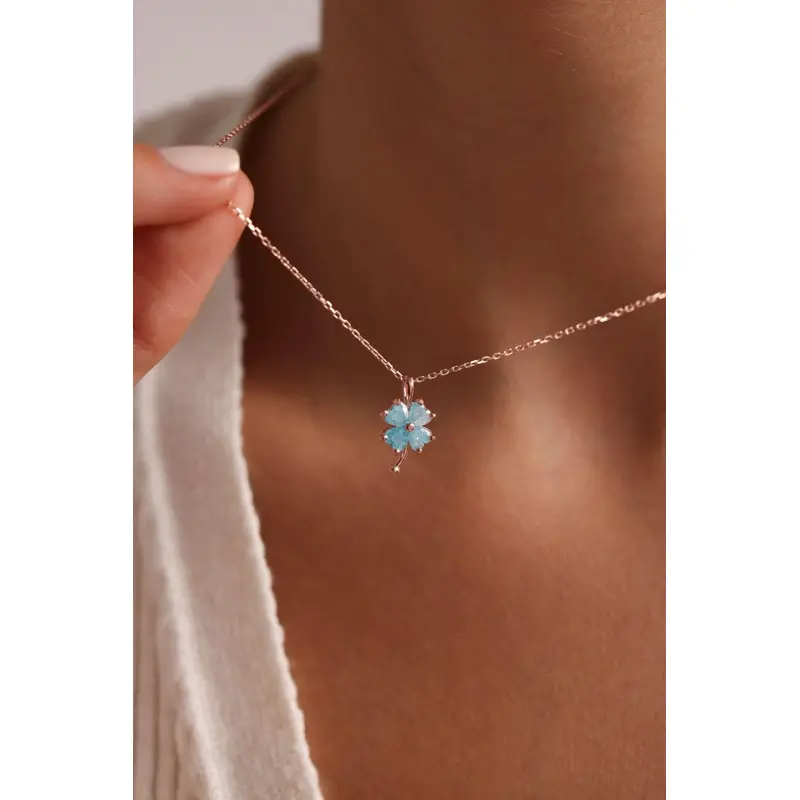 Elegant 925 Sterling Silver Rose Plated Four-Leaf Clover Necklace with Blue Zircon | Perfect Gift for Her