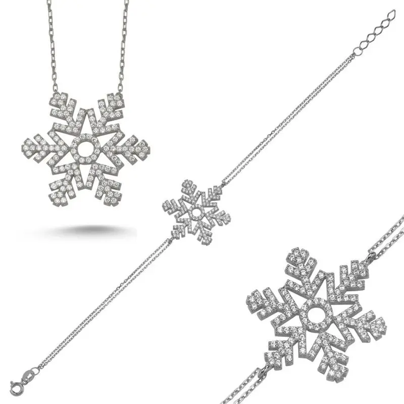 Elegant 925 Sterling Silver Snowflake Necklace & Bracelet Set  Choose from 5 Stone Colors | Perfect Winter Gift