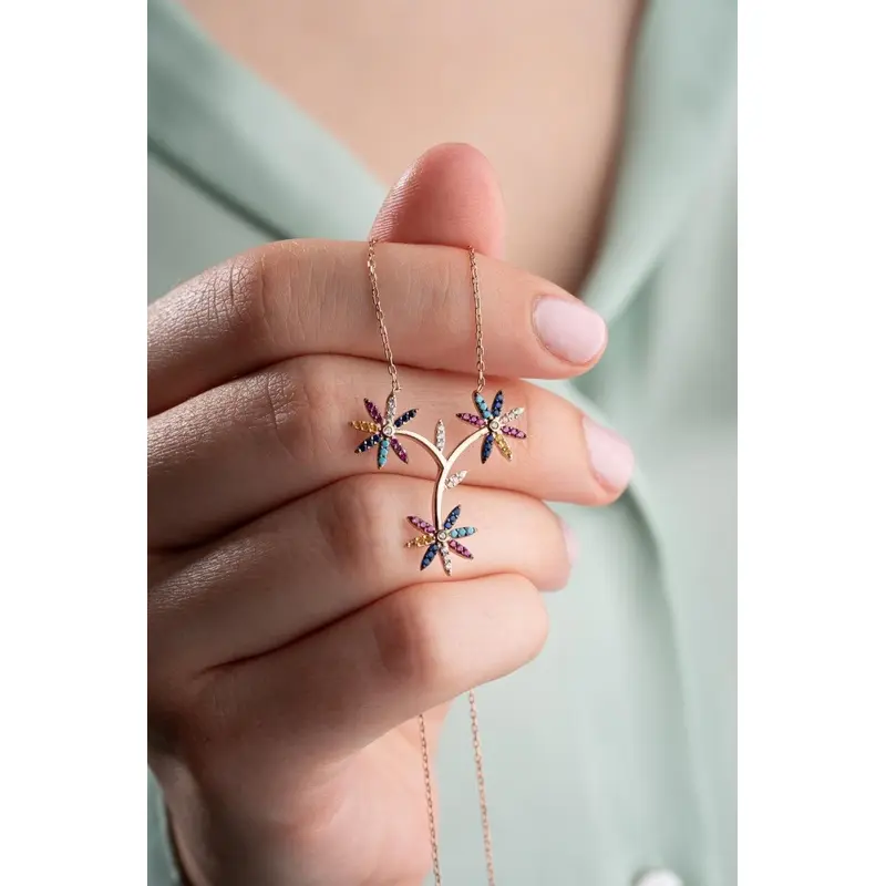 Elegant Rose Gold Plated Sterling Silver Wildflower Necklace | Zircon Gemstones, Nature-Inspired Design