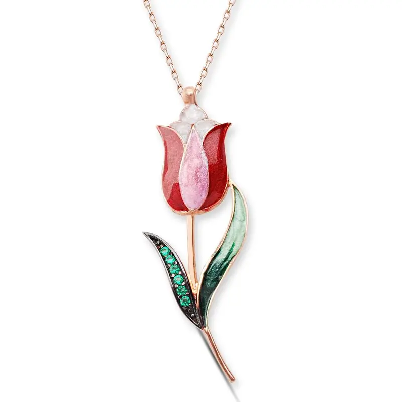 Exquisite 925 Sterling Silver Tulip Necklace with Red Enamel & Green Stone  Elegant Gift for Her