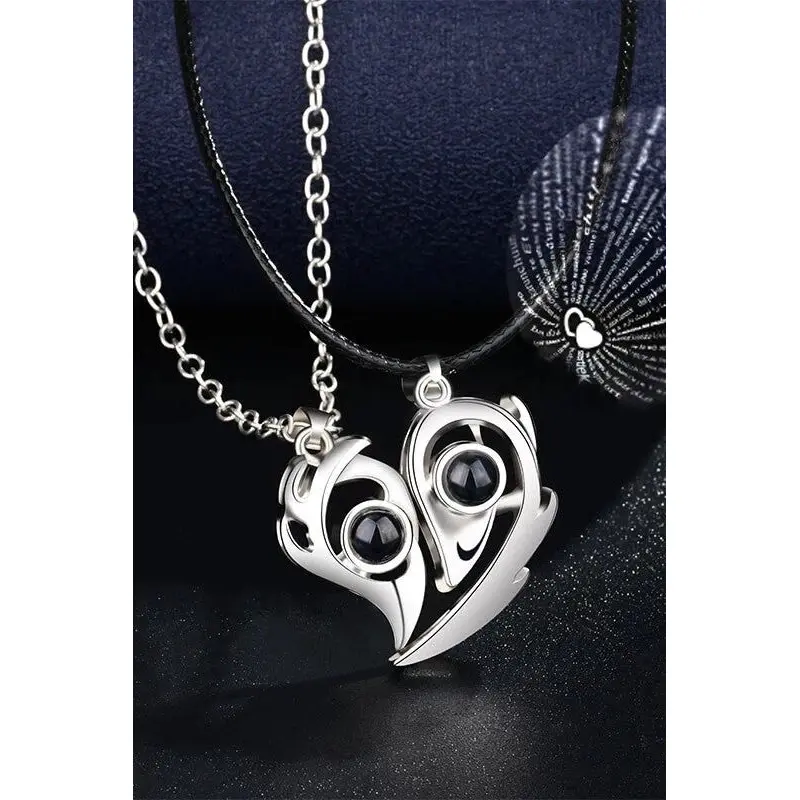 I Love You in 100 Languages Projection Magnetic Heart Necklace Set | Stainless Steel Couples Jewelry Gift