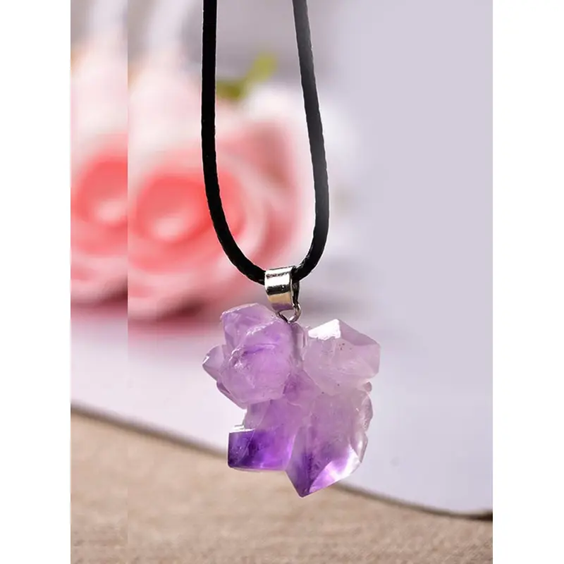 Natural Raw Amethyst Healing Crystal Necklace | Adjustable Rope Chain Gemstone Jewelry Gift