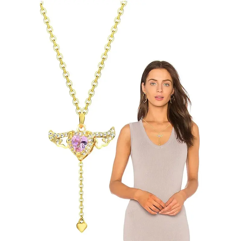 Playful Pink Stone Moving Wing Heart Necklace | Durable Stainless Steel Jewelry for Women
