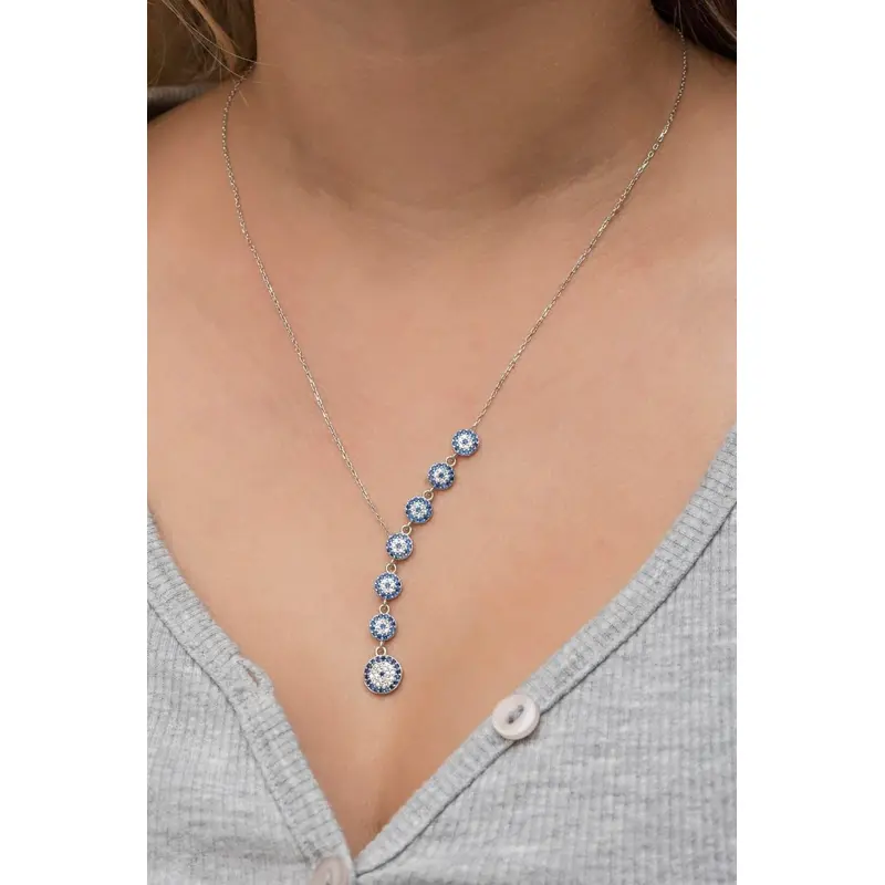 Rhodium Plated 925 Sterling Silver Evil Eye Necklace with Zircon | Symbolic Protection Jewelry