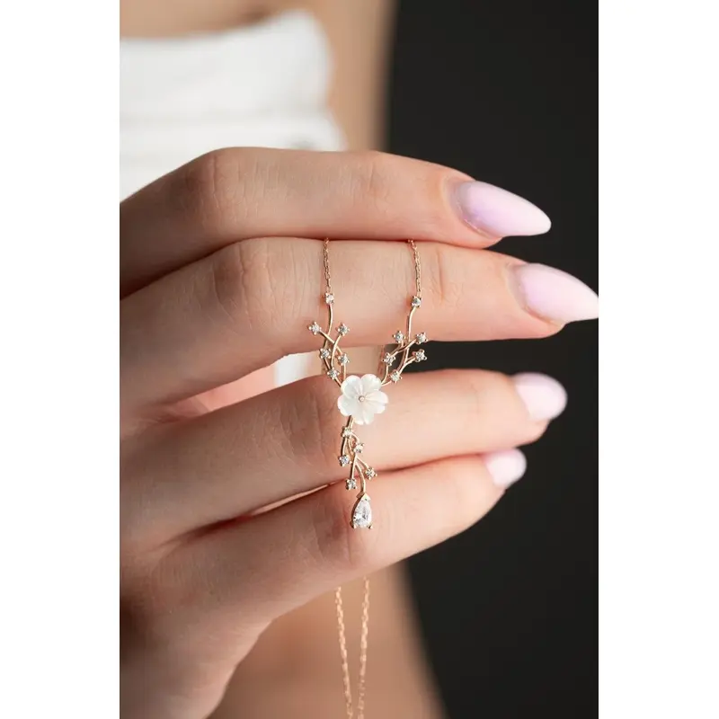 Rose Plated Sterling Silver Magnolia Blossom Ivy Necklace | Elegant Nature-Inspired Jewelry with Zircon