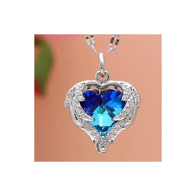 Silver Heart of the Ocean Purple Crystal Necklace - Women's Stainless Steel Pendant Jewelry