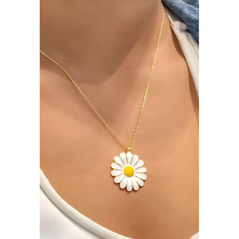 Vibrant Gold Color Enameled Yellow Daisy Necklace | Delicate Summer Charm Jewelry