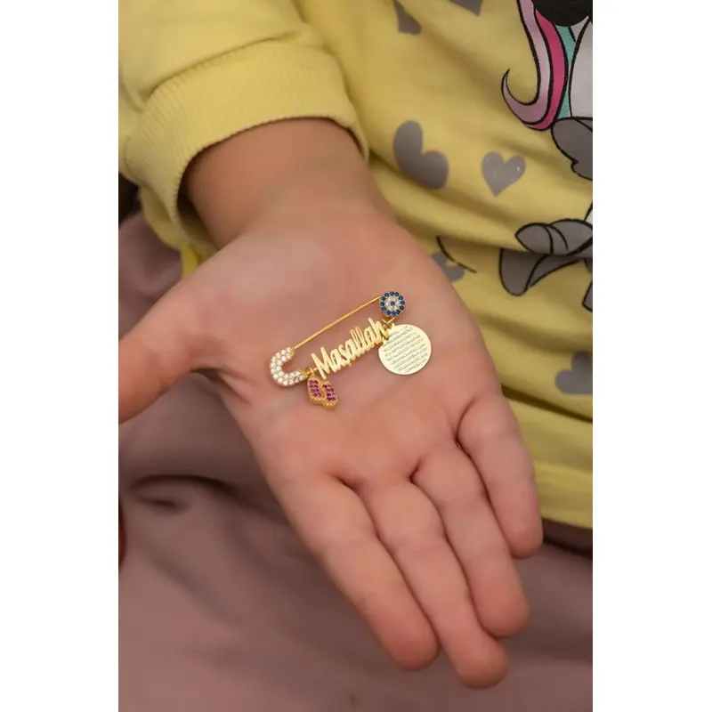 925 Sterling Silver Gold Plated Mashallah Nazar Evil Eye Pink Pedicure Baby Pin with Zircon Stones - Islamic Baby Gift