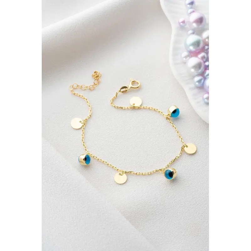 925 Sterling Silver Gold Plated Nazar Evil Eye Bracelet  Dainty Sequin & Zircon Protection Charm