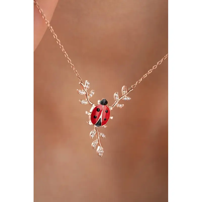 925 Sterling Silver Red Enamel Ladybug Necklace on Branch | Delicate Nature Jewelry Gift for Her