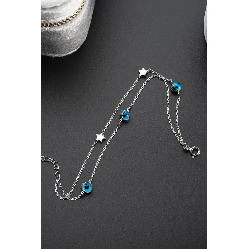 925 Sterling Silver Rhodium Plated Double Chain Star & Nazar Evil Eye Bracelet for Women