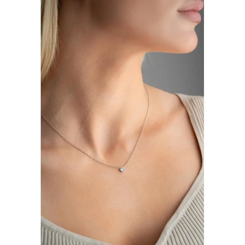 925 Sterling Silver Rhodium Plated Minimalist Solitaire Necklace | 5mm Zirconia