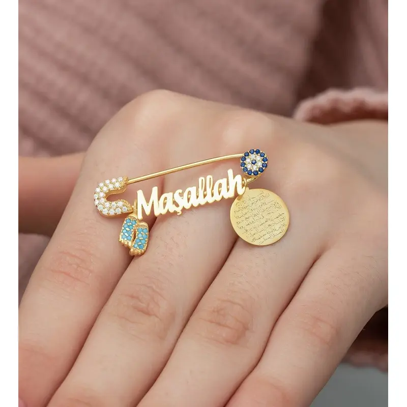 925 Sterling Silver Rose Gold Plated Baby Pin | Islamic Mashallah, Nazar Evil Eye & Footprint with Zircon