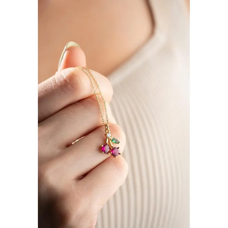 Dainty Gold Plated Cherry Pendant Necklace | 925 Sterling Silver Fine Jewelry