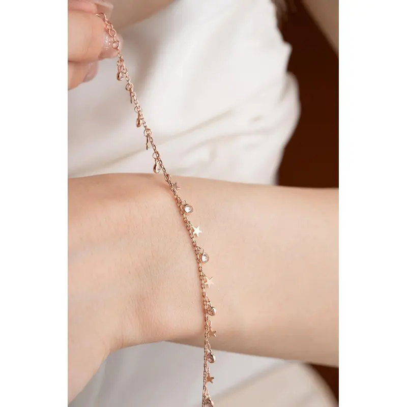 Delicate Rose Gold Plated 925 Sterling Silver Bracelet with Tiny Stars & Zircon Stones