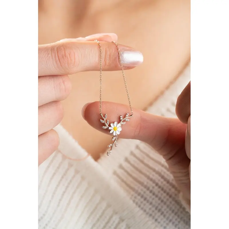 Delicate White Enamel Daisy Branch Necklace - 925 Sterling Silver Women's Jewelry